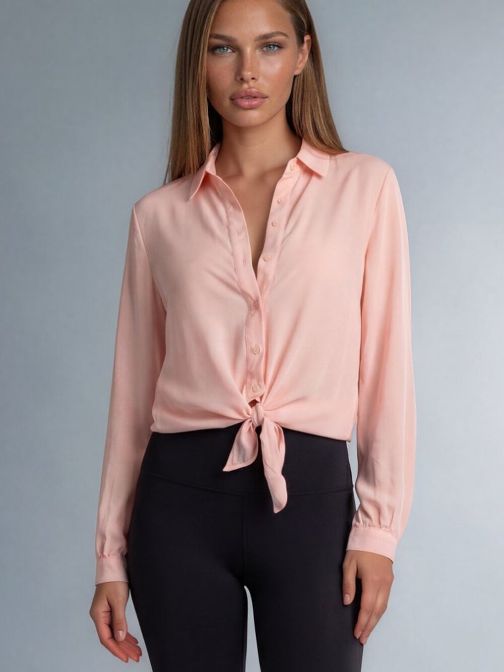 Women's Light Pink Tie-Front Button Down Shirt